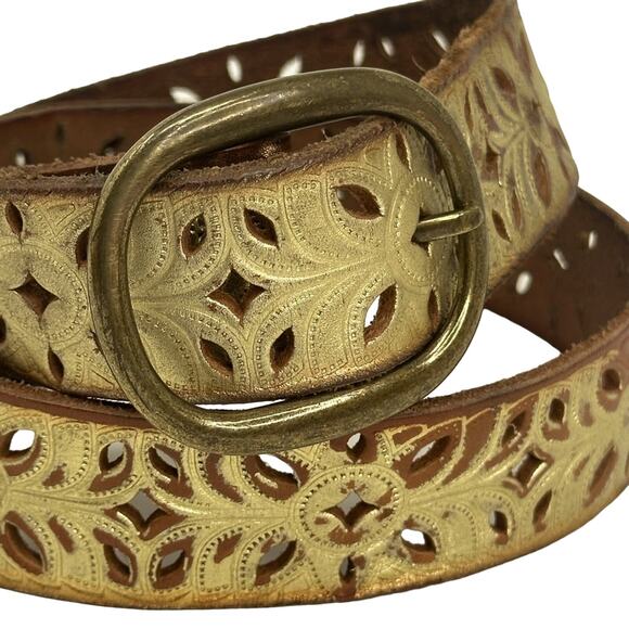 Fossil Distressed Laser Cut Tooled Gold Tone Belt Western Bling Festival Cowgirl - Picture 2 of 11